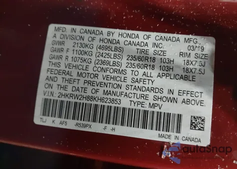 2019 Honda Cr-V Ex-L z USA, uszkodzony, nr VIN 2HKRW2H88KH623853